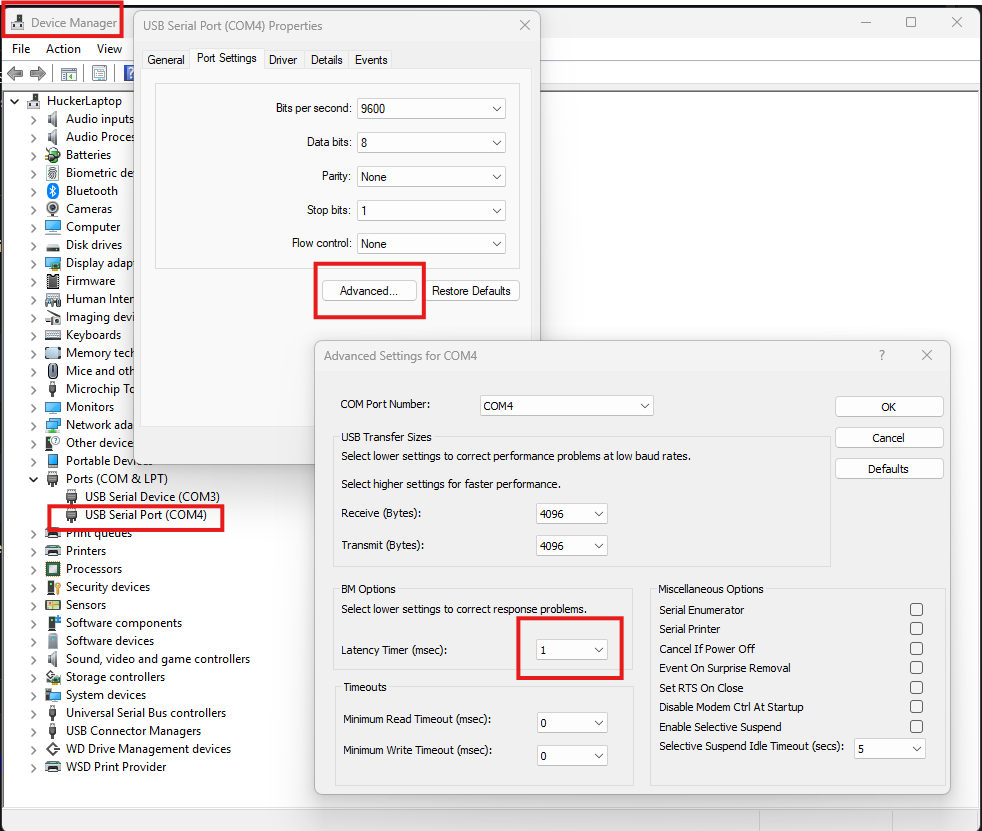 Windows FTDI latency timer setting
